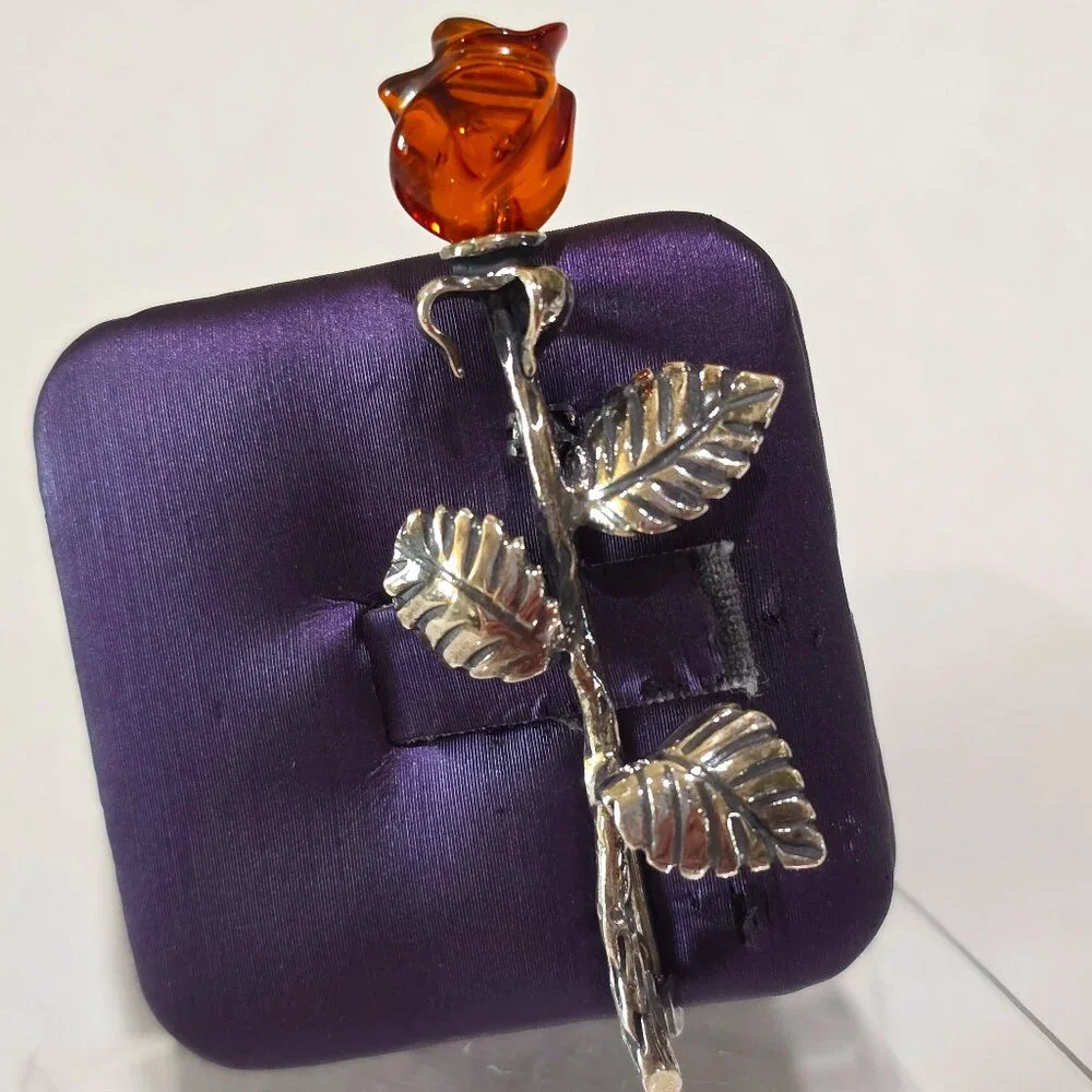 Vintage Carved Baltic Amber Rose Flower High Detail Sterling Silver Pin Brooch